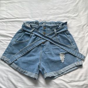 Belted Distressed Paperbag Denim Shorts